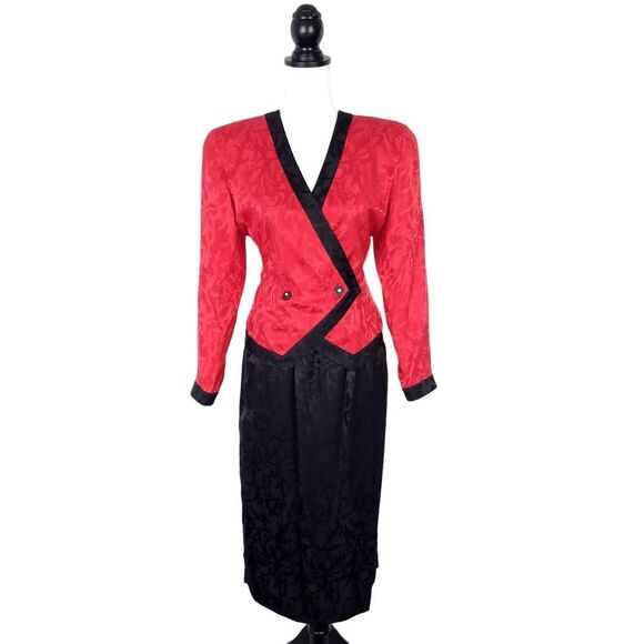 Vintage 80s 90s Adrianna Papell Wrap Top & Pencil Skirt Set 100% Silk Size 6 - Picture 1 of 8
